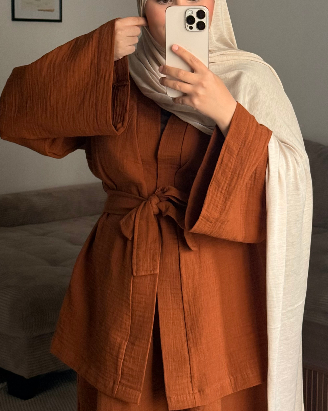 Kimono en mousseline « Juniper » en coton biologique (Caramel)