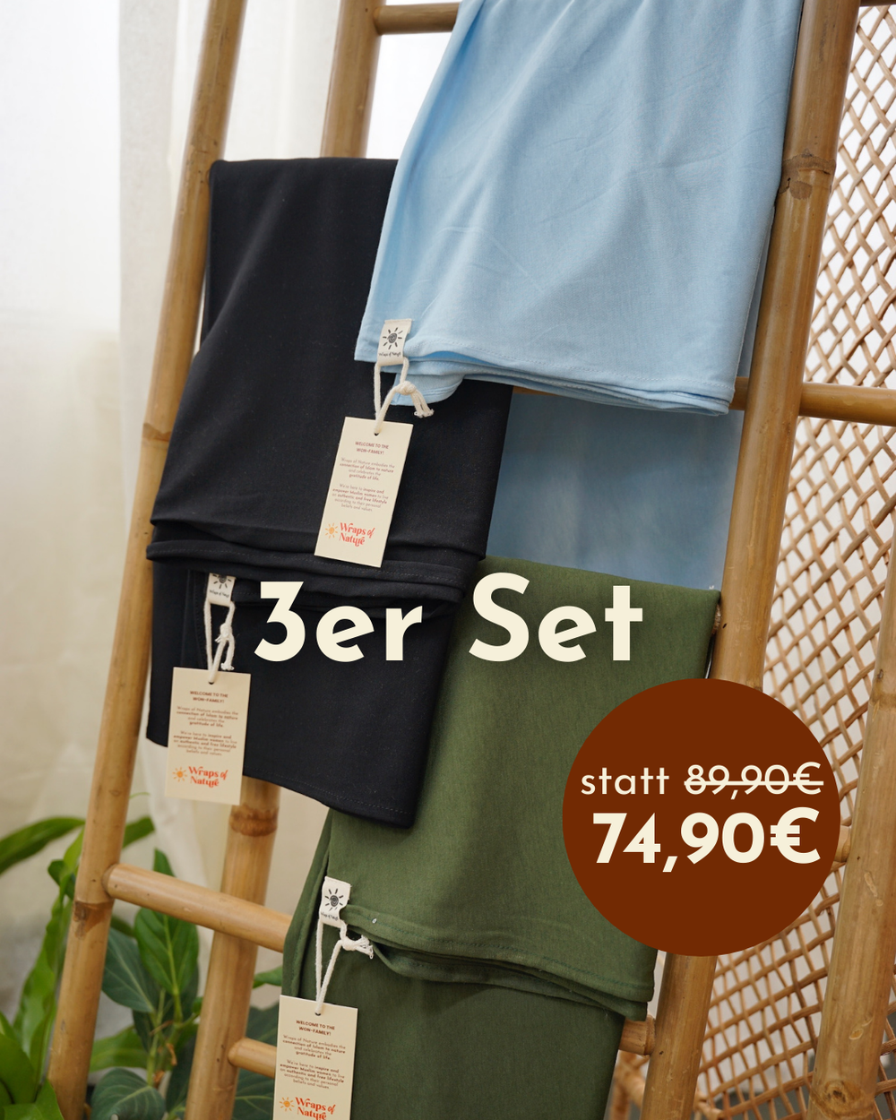 3er Spar-Set Leichter Hijab "Hava" aus Bio-Baumwolle (Morning Sky, Twilight Green, Black Night)
