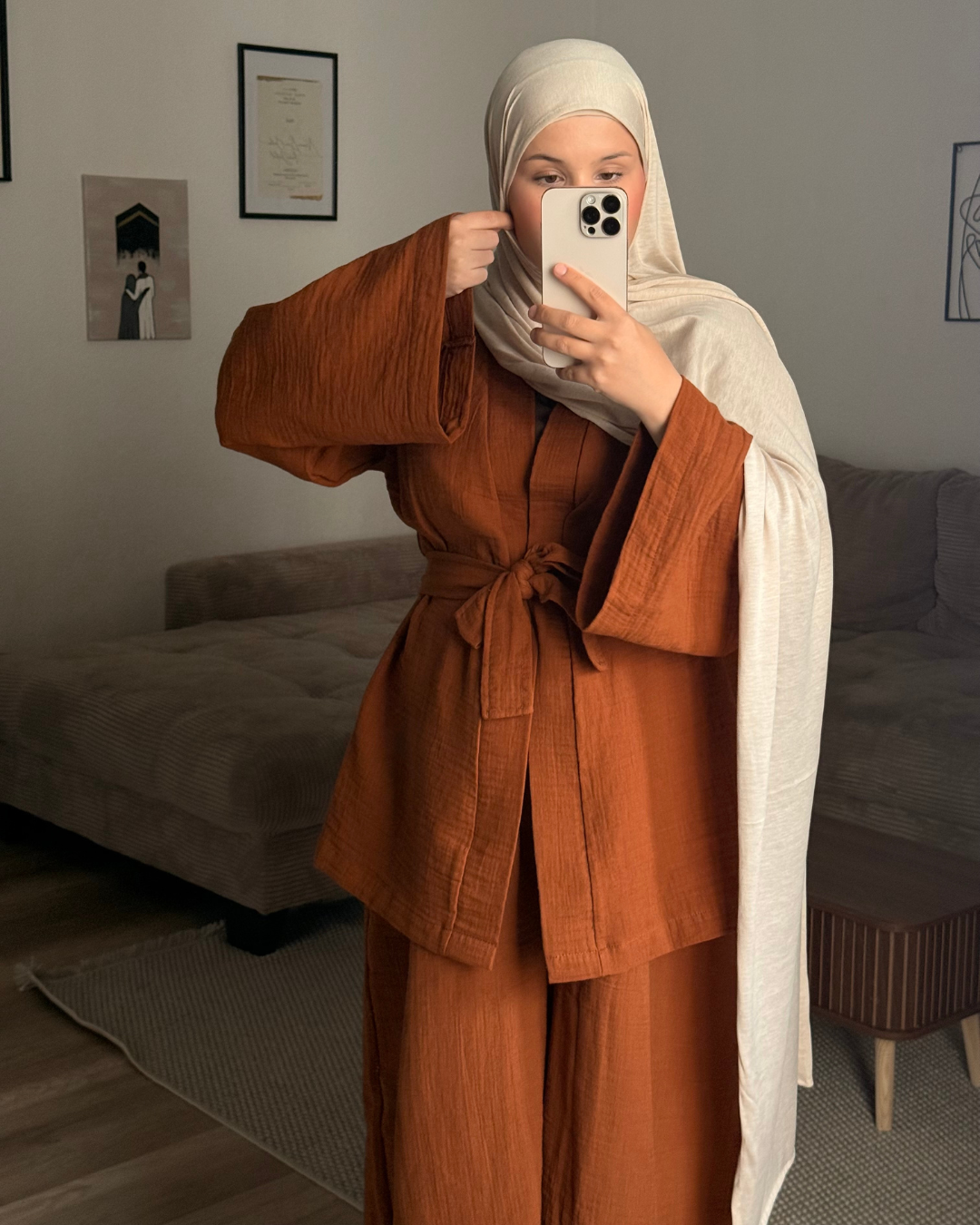 Kimono en mousseline « Juniper » en coton biologique (Caramel)