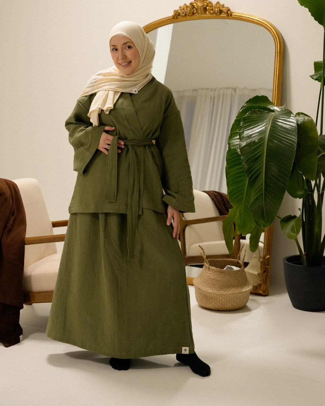 Muslin two-piece set "Juniper" made from organic cotton (Dusty Olive)