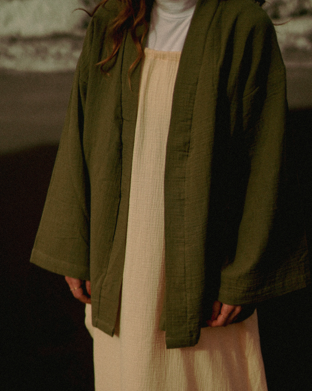 Kimono en mousseline « Juniper » en coton biologique (Dusty Olive)