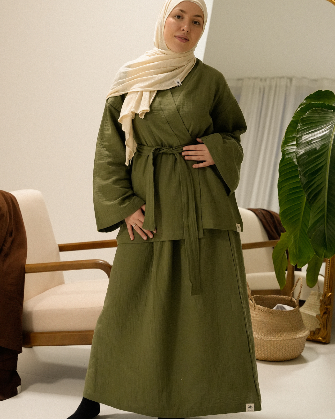 Muslin two-piece set "Juniper" made from organic cotton (Dusty Olive)