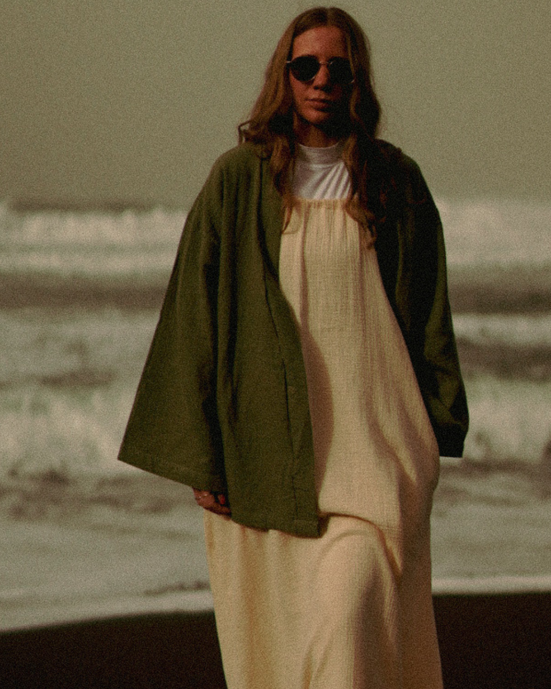 Kimono en mousseline « Juniper » en coton biologique (Dusty Olive)