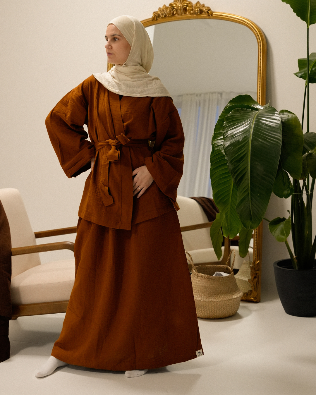 Muslin two-piece set "Juniper" made from organic cotton (caramel)