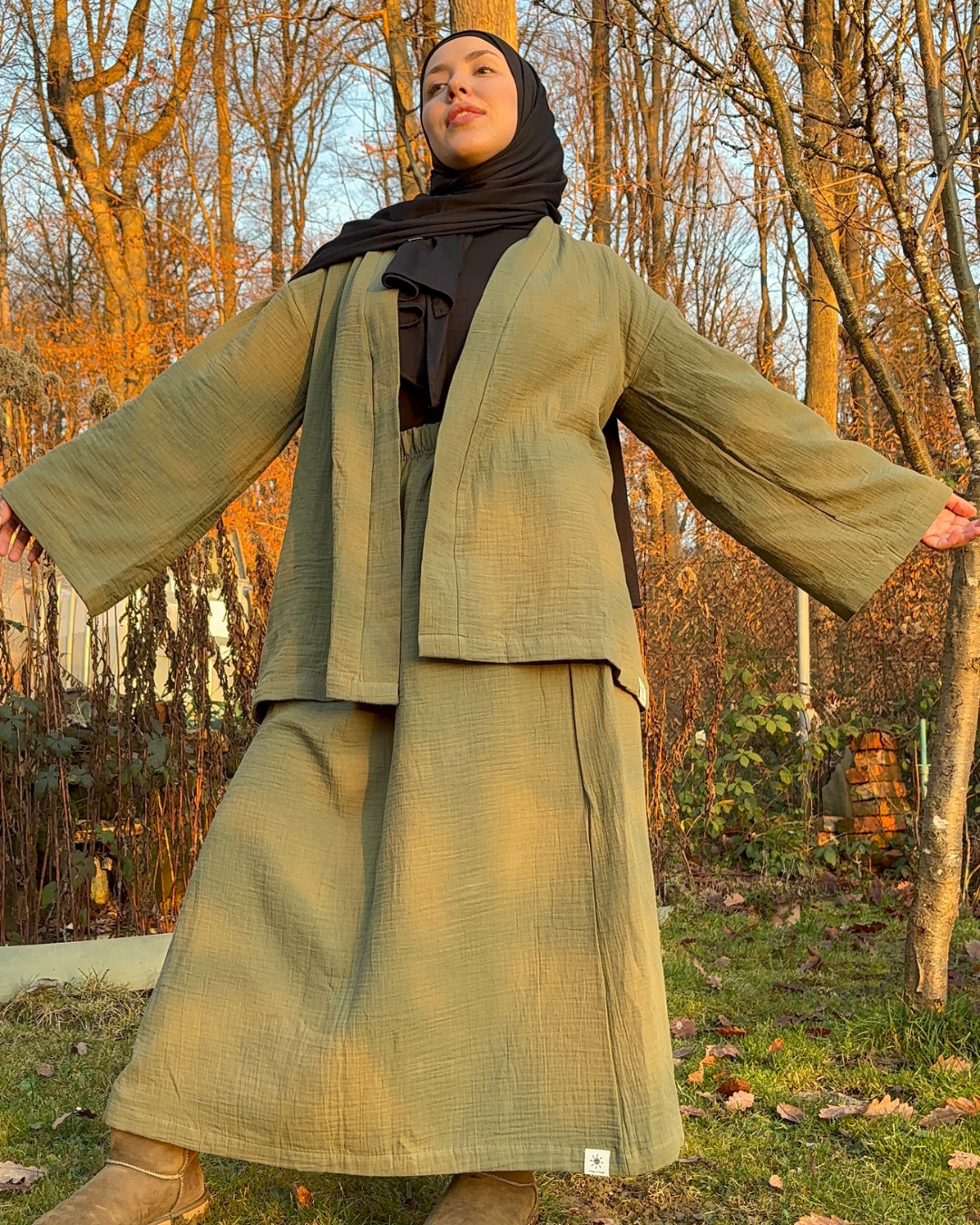 Kimono en mousseline « Juniper » en coton biologique (Dusty Olive)