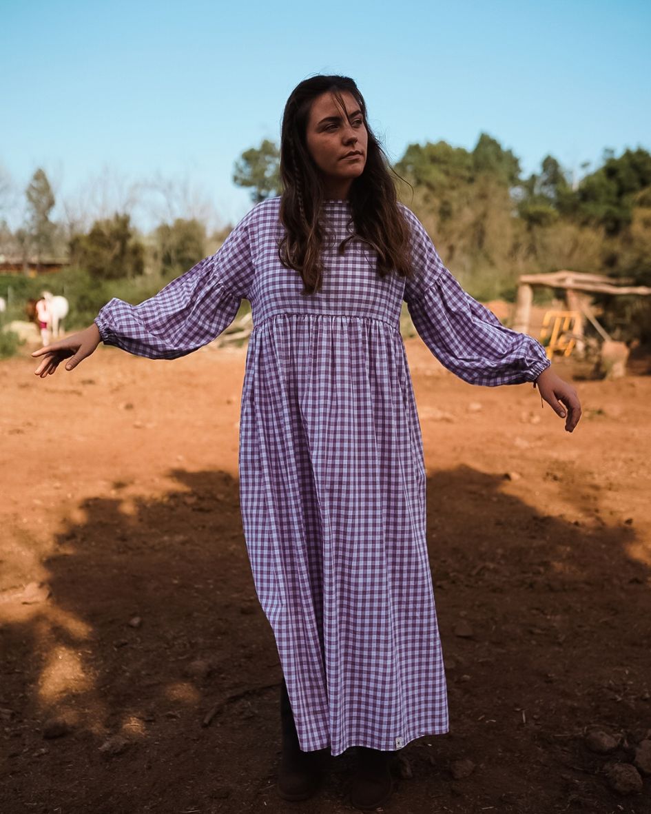 Robe longue à carreaux « Rosemary » en pur coton (mauve)