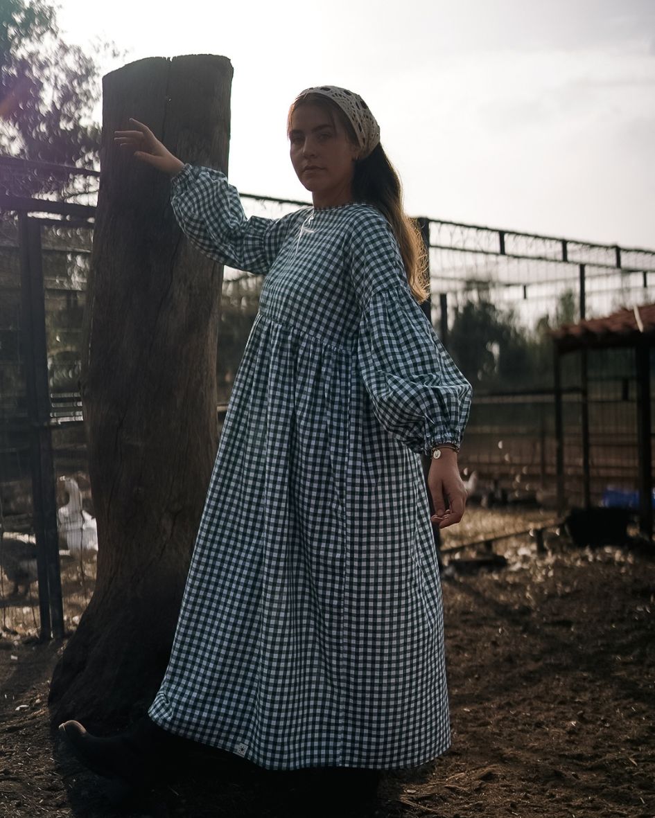 Robe longue à carreaux vichy « Rosemary » en pur coton (vert antique)