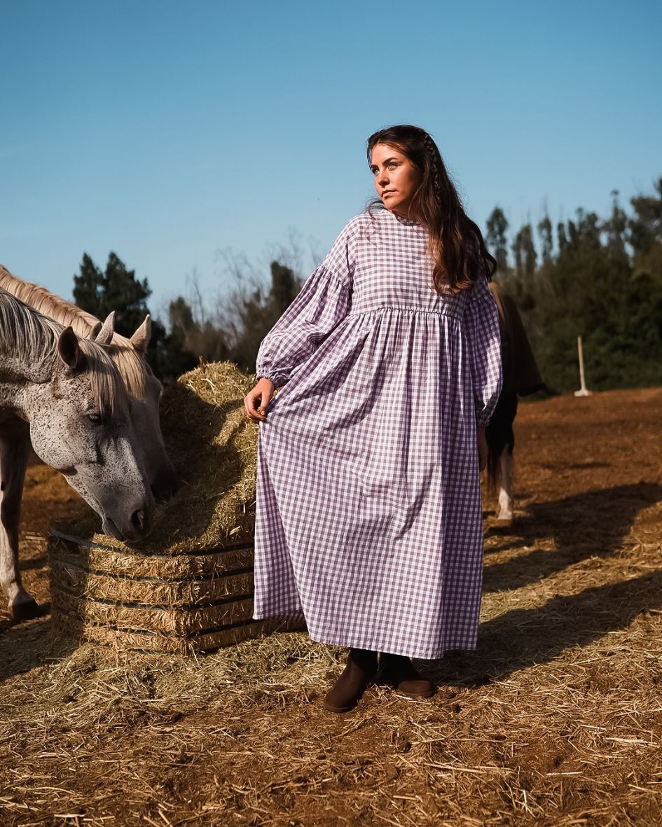 Gingham Maxikleid "Rosemary" aus reiner Baumwolle (Mauve)