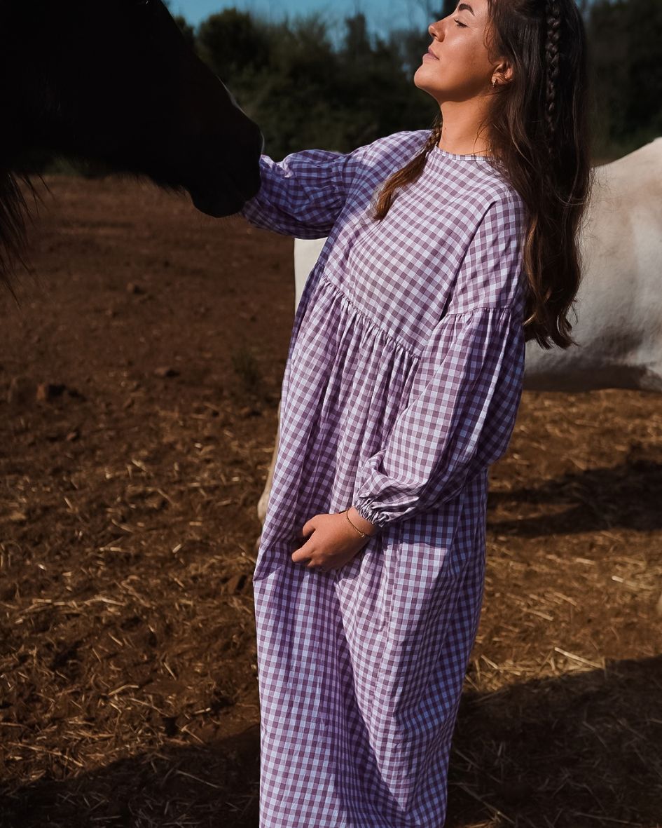 Gingham Maxikleid "Rosemary" aus reiner Baumwolle (Mauve)