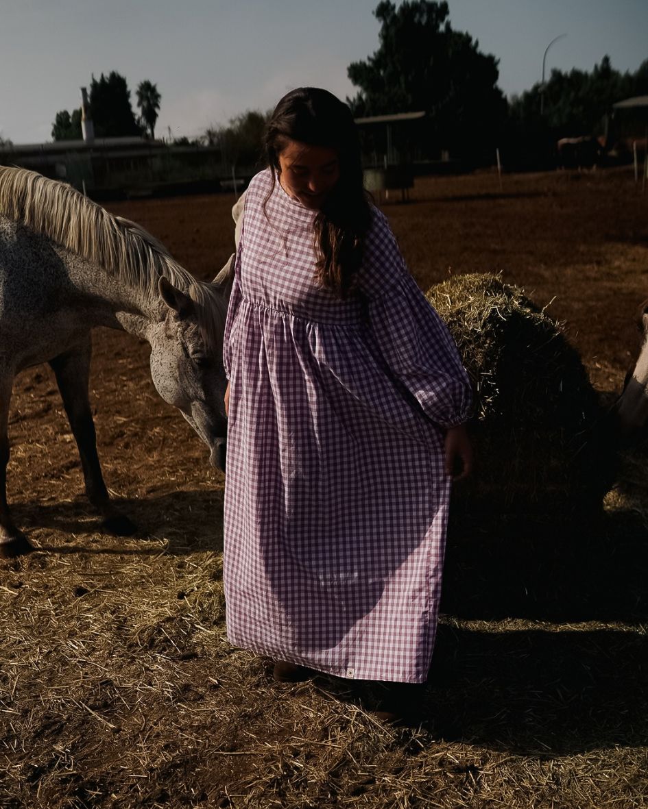 Gingham Maxikleid "Rosemary" aus reiner Baumwolle (Mauve)