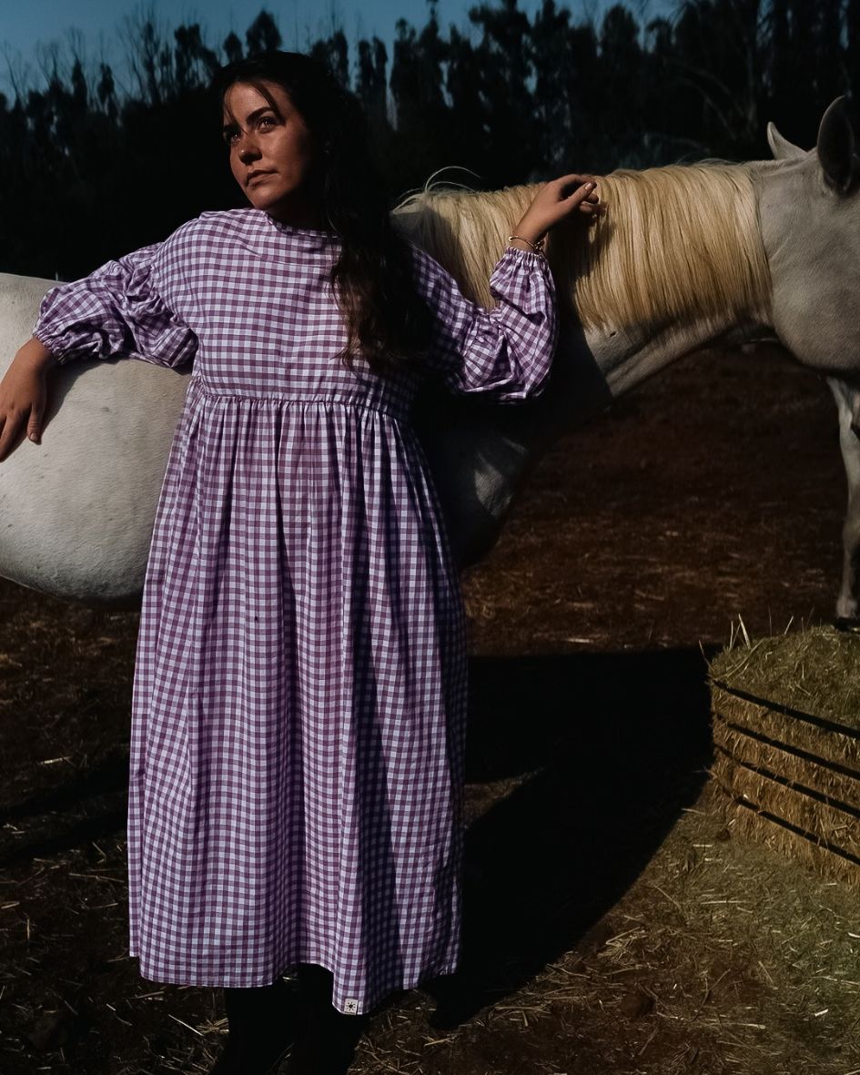 Gingham Maxikleid "Rosemary" aus reiner Baumwolle (Mauve)