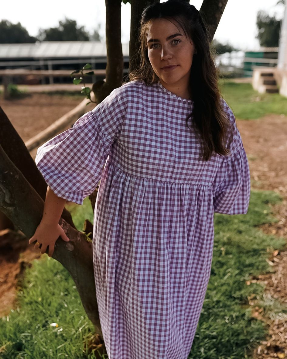 Gingham Maxikleid "Rosemary" aus reiner Baumwolle (Mauve)