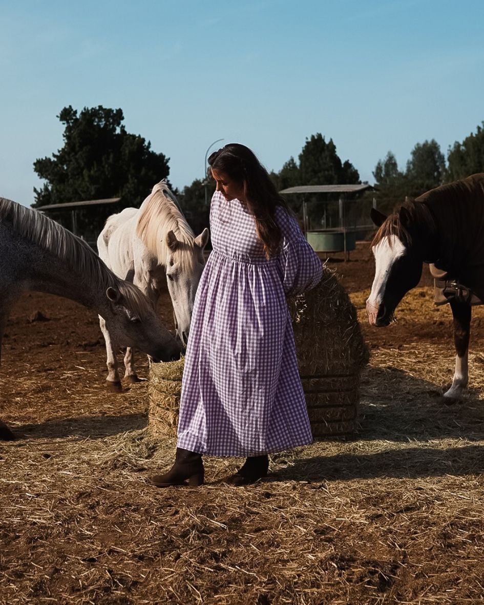 Gingham Maxikleid "Rosemary" aus reiner Baumwolle (Mauve)