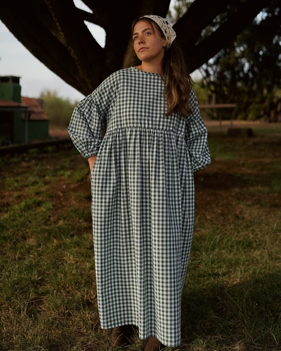 Robe longue à carreaux vichy « Rosemary » en pur coton (vert antique)
