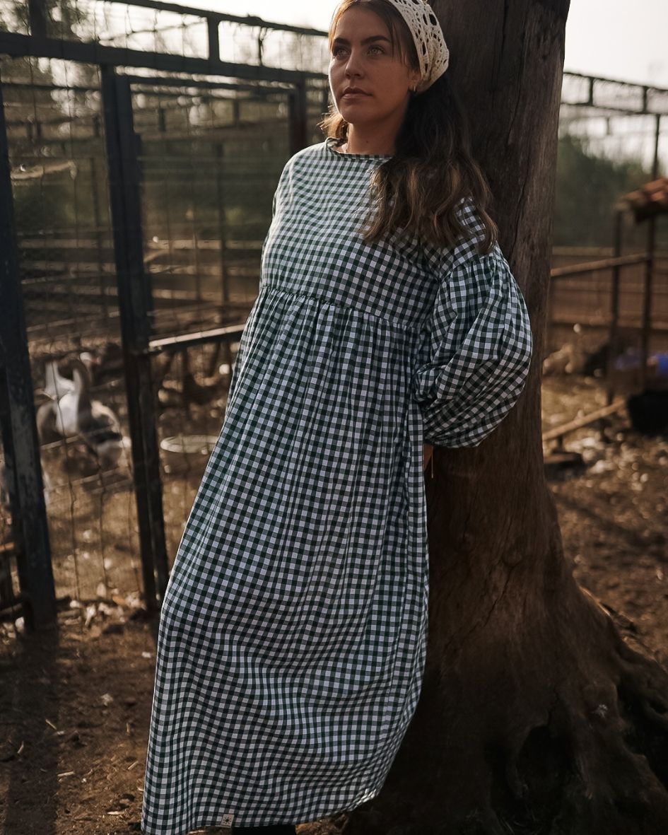 Robe longue à carreaux vichy « Rosemary » en pur coton (vert antique)