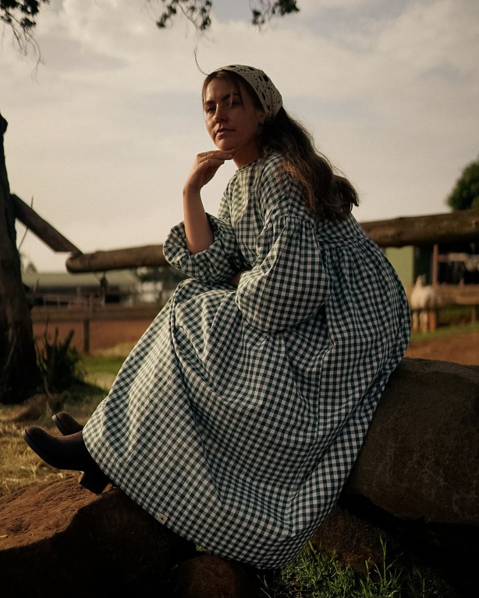 Robe longue à carreaux vichy « Rosemary » en pur coton (vert antique)
