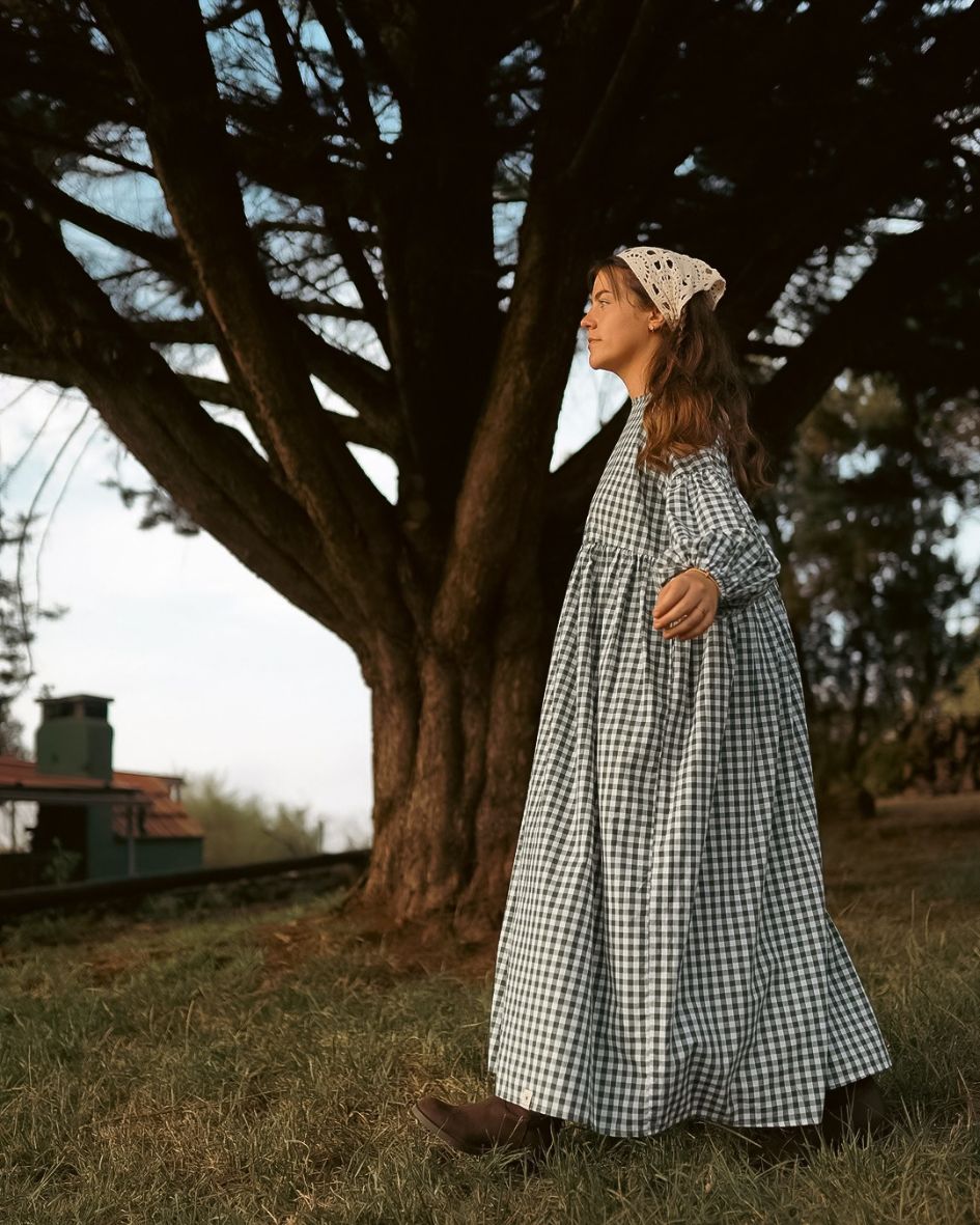 Robe longue à carreaux vichy « Rosemary » en pur coton (vert antique)