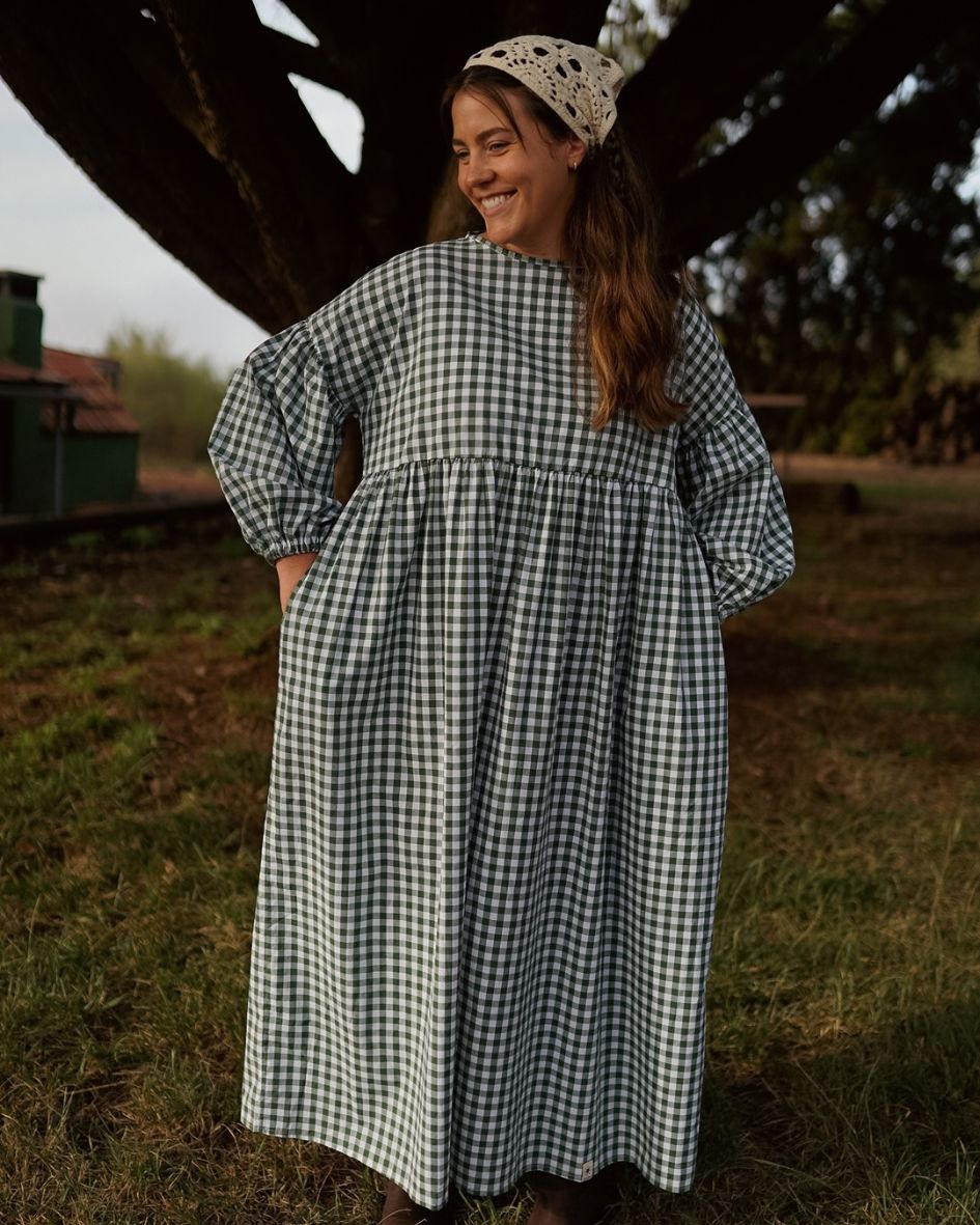Robe longue à carreaux vichy « Rosemary » en pur coton (vert antique)