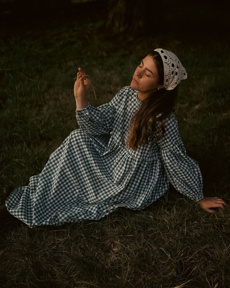 Robe longue à carreaux vichy « Rosemary » en pur coton (vert antique)