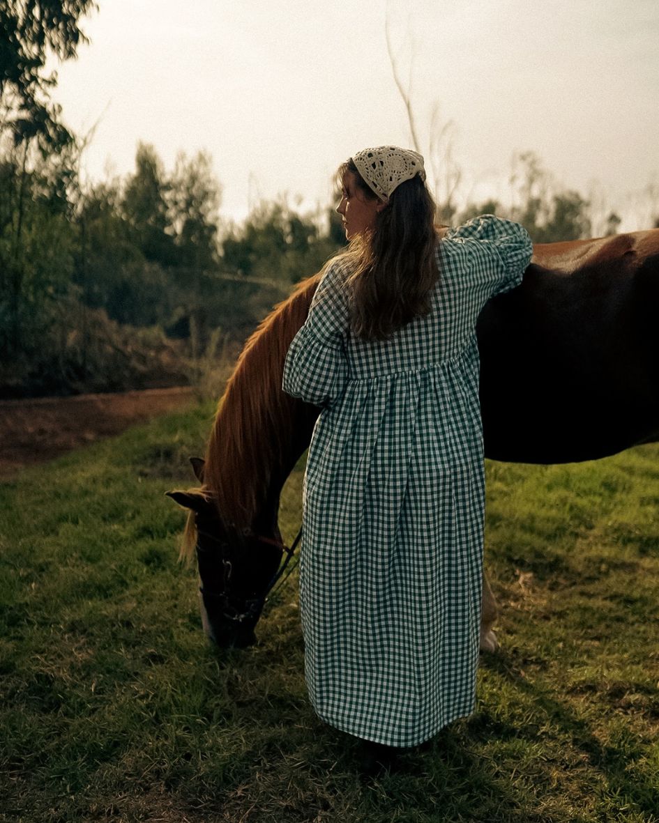 Robe longue à carreaux vichy « Rosemary » en pur coton (vert antique)